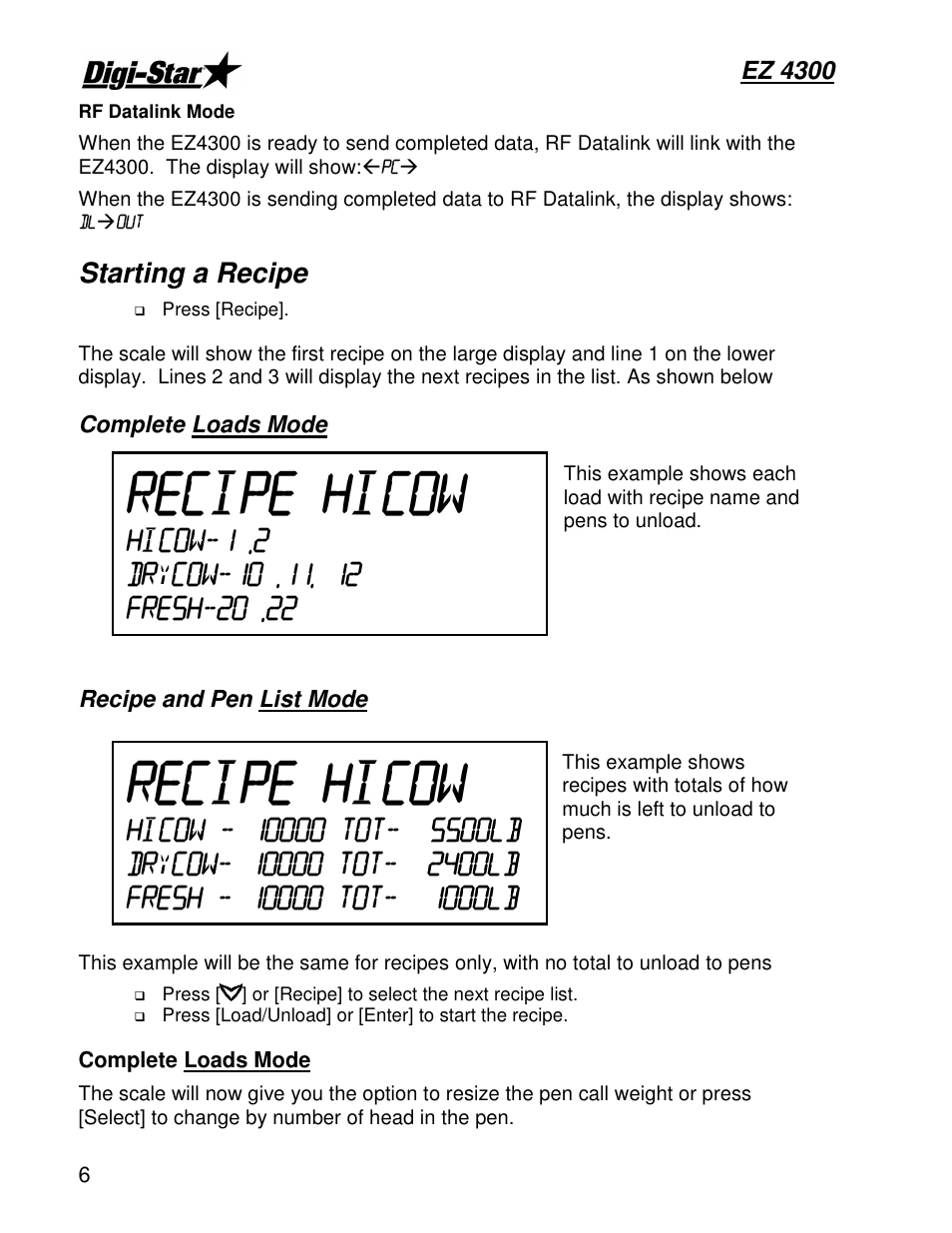Starting a recipe, Ez 4300, Complete loads mode | Recipe and pen list mode | Digi-Star EZ4300 User Manual | Page 10 / 22