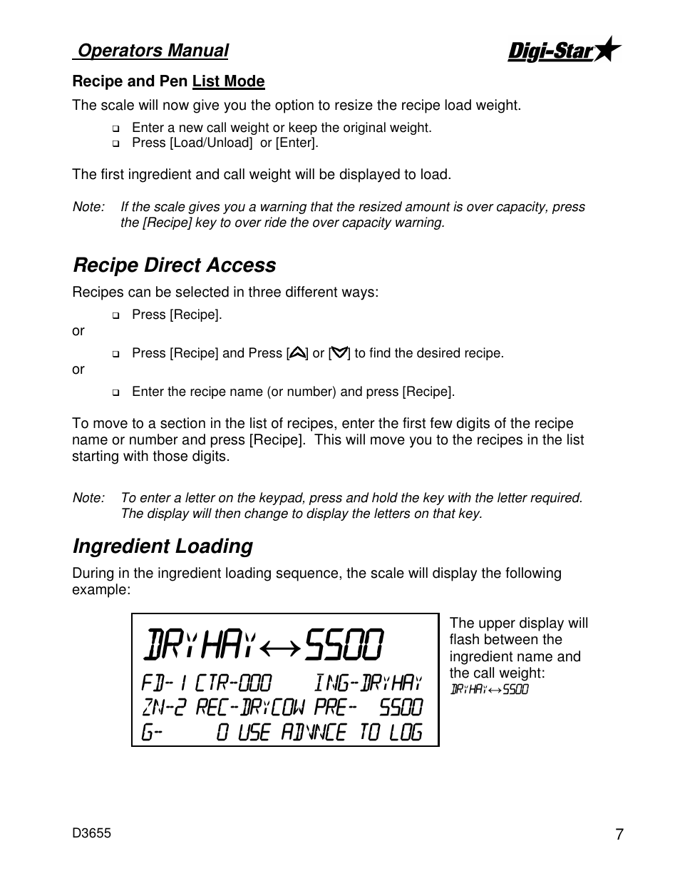 Recipe direct access, Ingredient loading, Operators manual | Digi-Star EZ4300 User Manual | Page 11 / 22