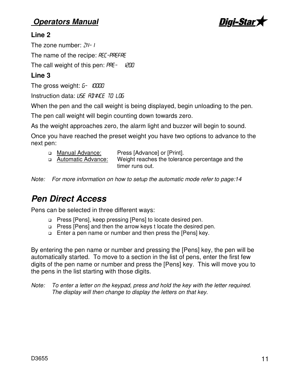 Pen direct access, Operators manual | Digi-Star EZ4300 User Manual | Page 15 / 22