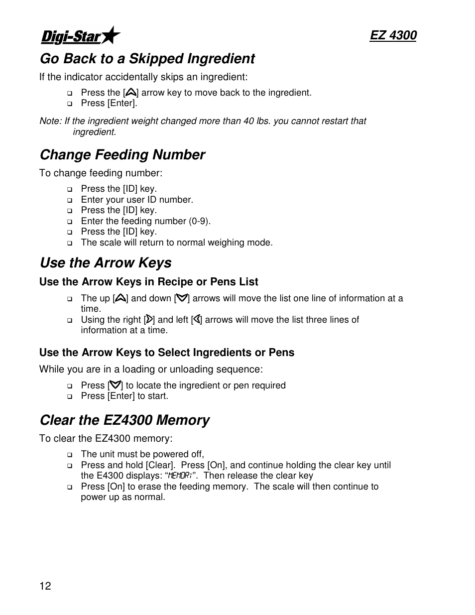 Go back to a skipped ingredient, Change feeding number, Use the arrow keys | Ez 4300 | Digi-Star EZ4300 User Manual | Page 16 / 22