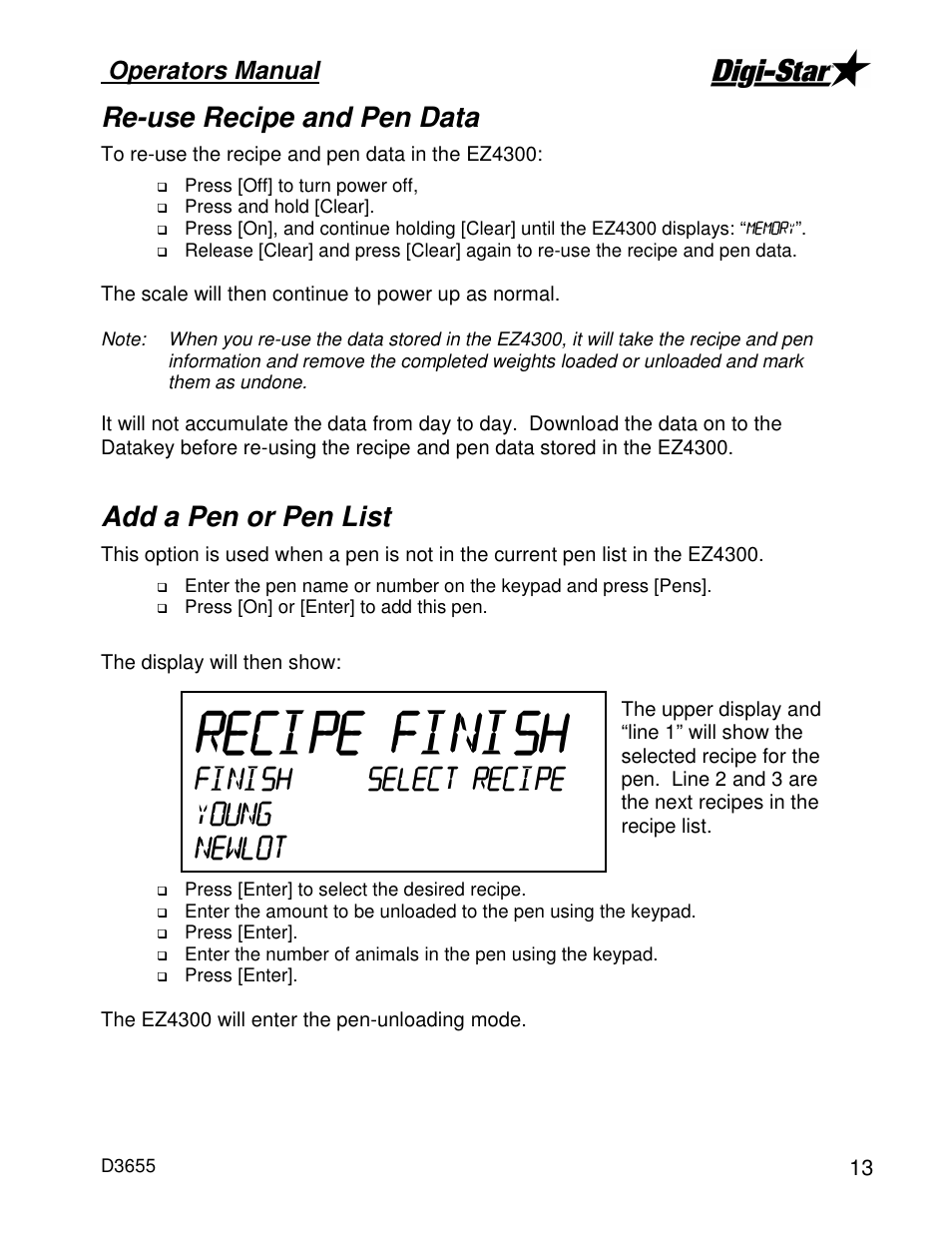 Re-use recipe and pen data, Add a pen or pen list, Operators manual | Digi-Star EZ4300 User Manual | Page 17 / 22