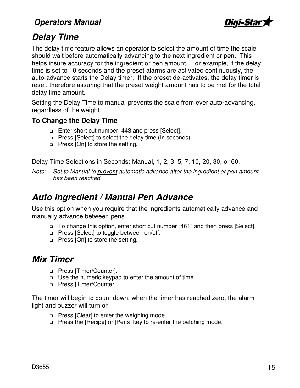 Delay time, Auto ingredient / manual pen advance, Mix timer | Operators manual | Digi-Star EZ4300 User Manual | Page 19 / 22