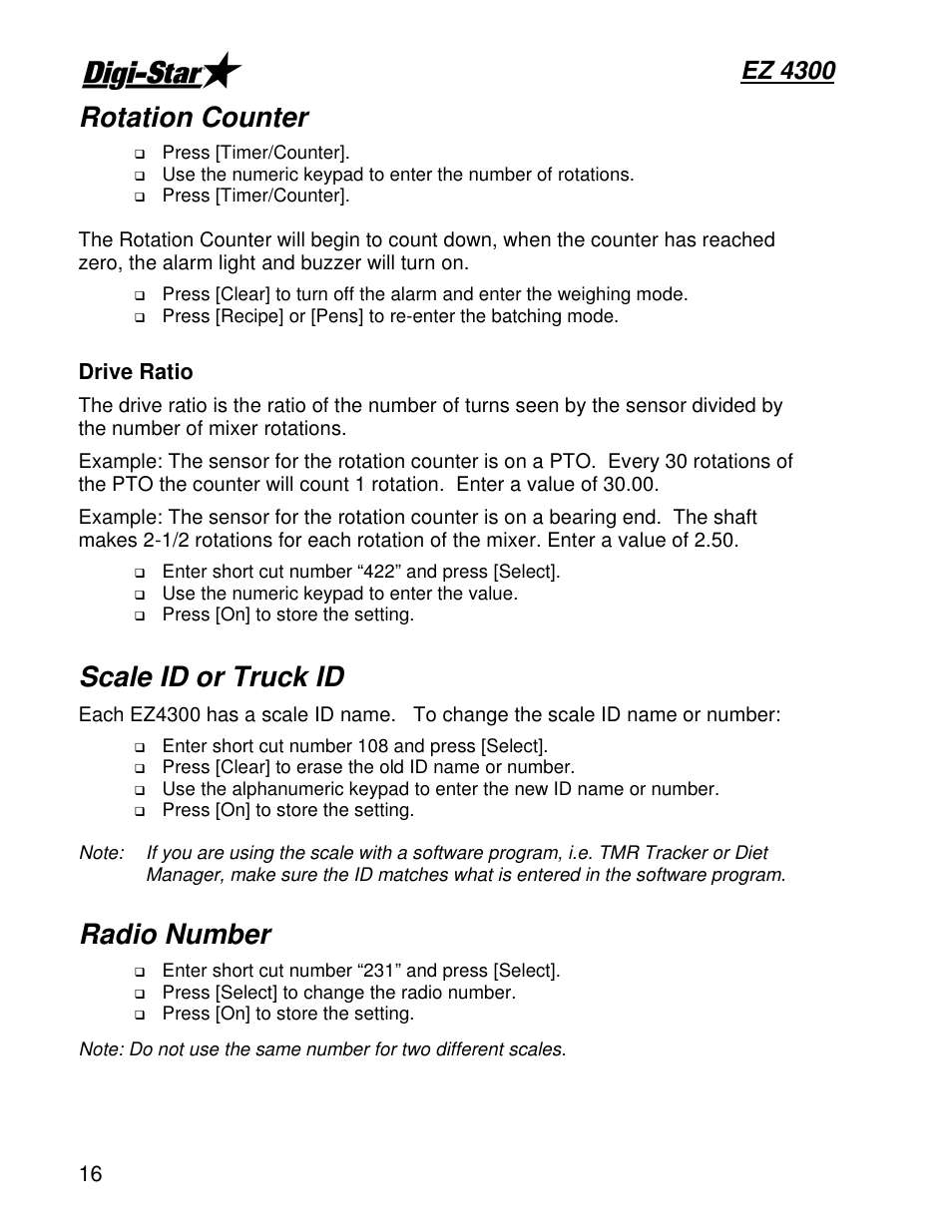 Rotation counter, Scale id or truck id, Radio number | Ez 4300 | Digi-Star EZ4300 User Manual | Page 20 / 22