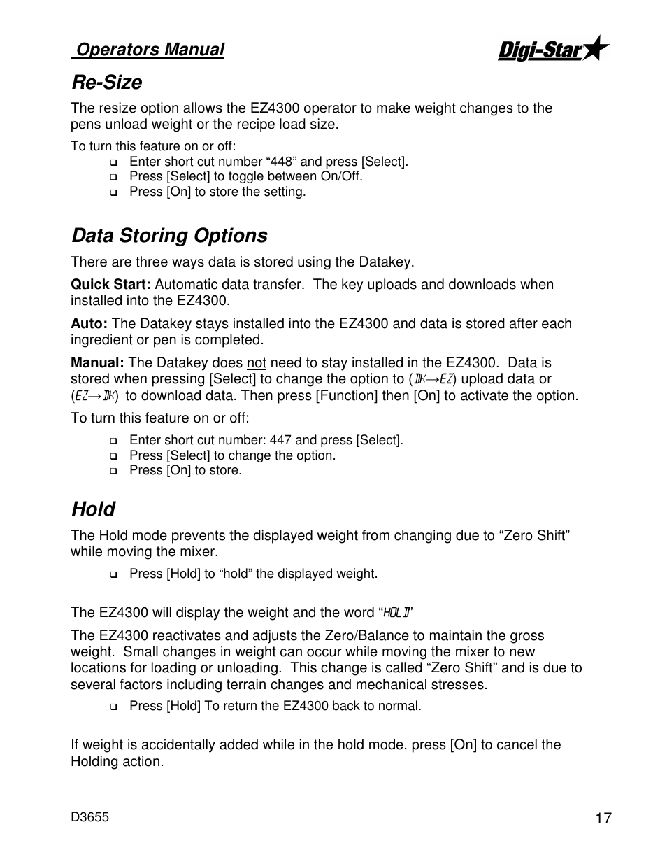 Re-size, Data storing options, Hold | Operators manual | Digi-Star EZ4300 User Manual | Page 21 / 22