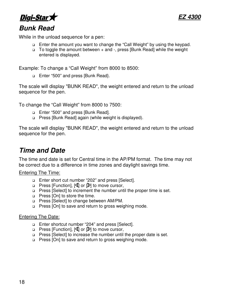 Bunk read, Time and date, Ez 4300 | Digi-Star EZ4300 User Manual | Page 22 / 22