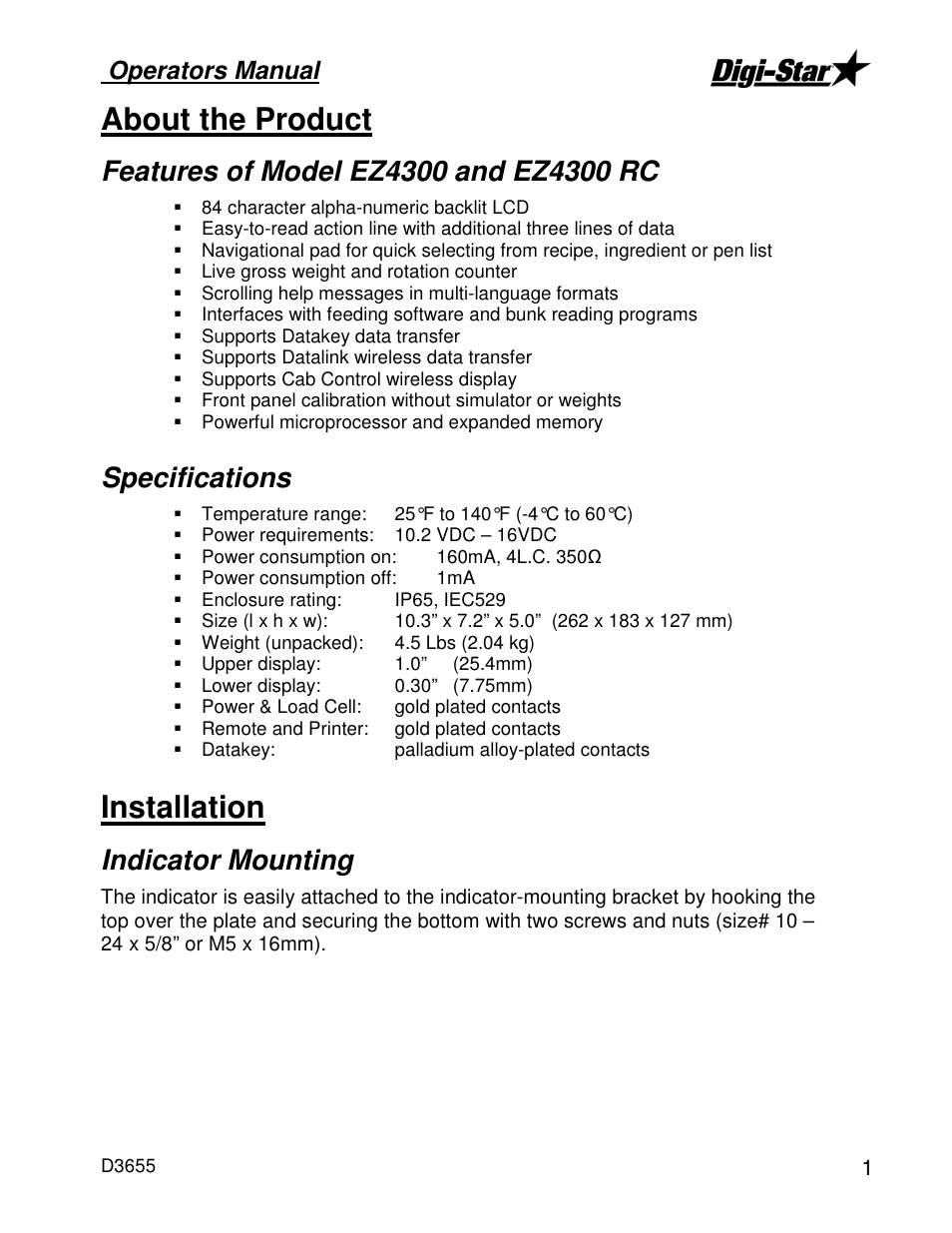 About the product, Installation, Specifications | Indicator mounting, Operators manual | Digi-Star EZ4300 User Manual | Page 5 / 22