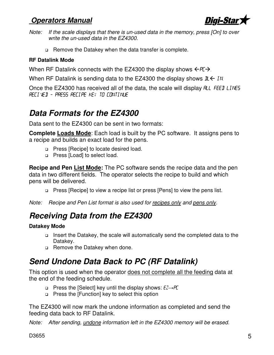 Data formats for the ez4300, Receiving data from the ez4300, Send undone data back to pc (rf datalink) | Operators manual | Digi-Star EZ4300 User Manual | Page 9 / 22