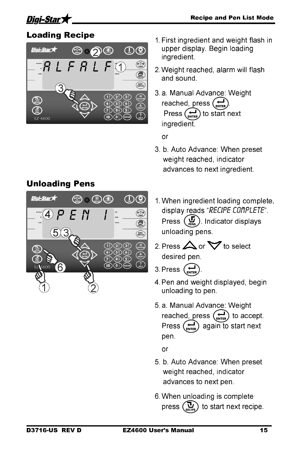 P e n i, Loading recipe, Unloading pens | Digi-Star EZ 4600 Manual DataKey User Manual | Page 19 / 51