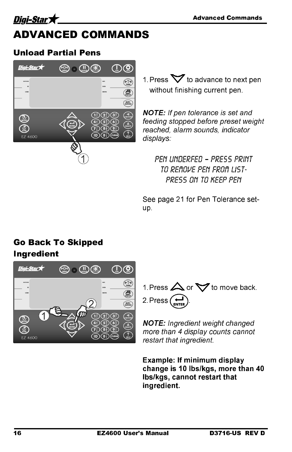 Unload partial pens, Go back to skipped ingredient | Digi-Star EZ 4600 Manual DataKey User Manual | Page 20 / 51