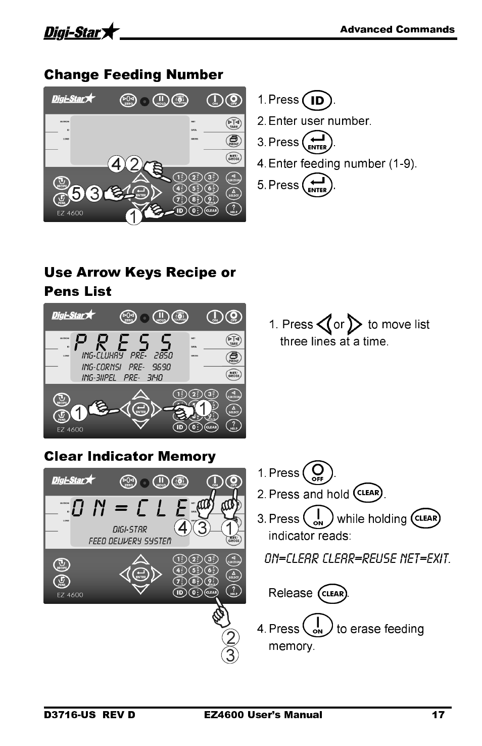O n = c l e, Change feeding number, Use arrow keys recipe or pens list | Digi-Star EZ 4600 Manual DataKey User Manual | Page 21 / 51
