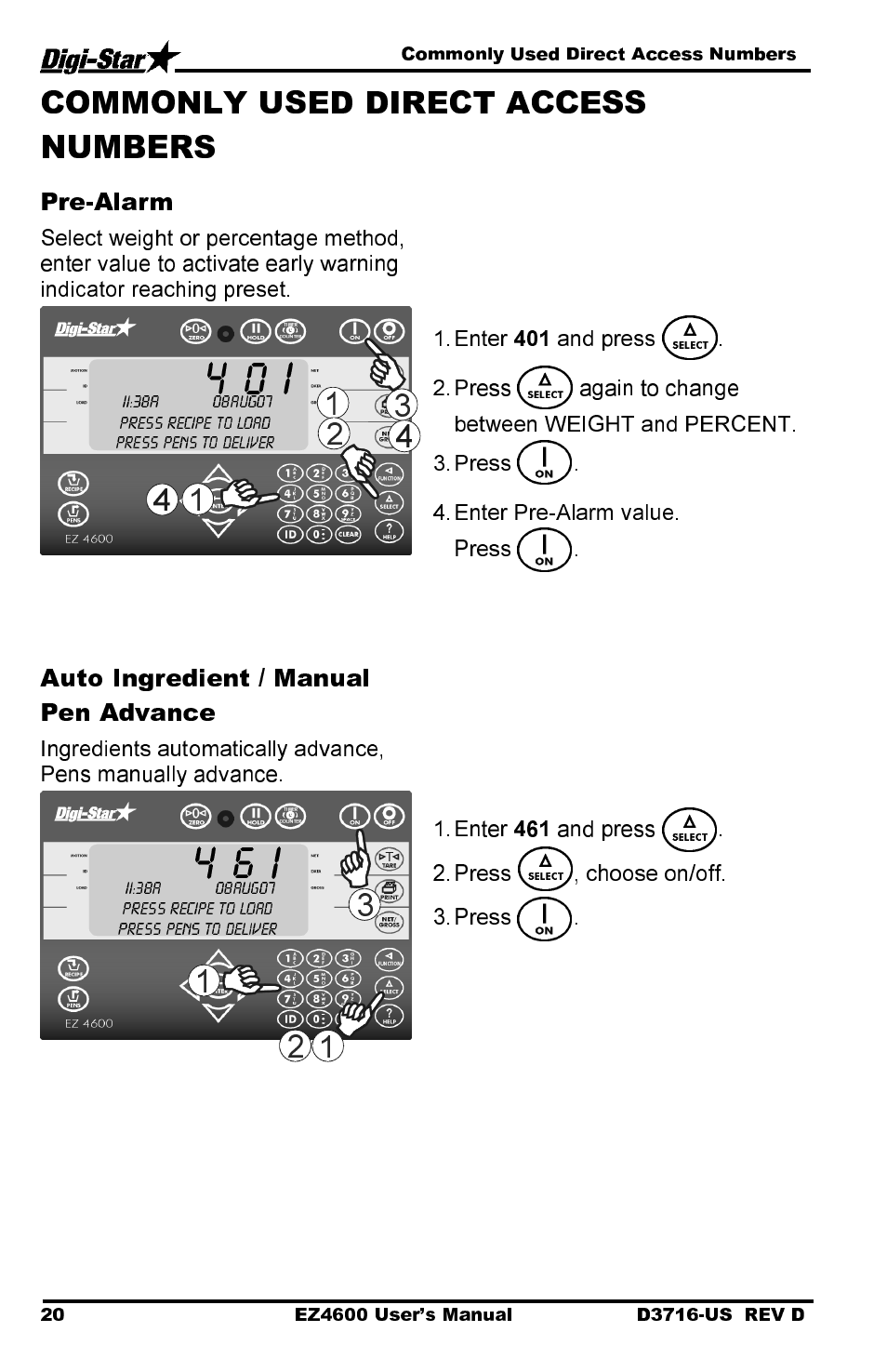 4 0 i, 4 6 i, Pre-alarm | Auto ingredient / manual pen advance | Digi-Star EZ 4600 Manual DataKey User Manual | Page 24 / 51