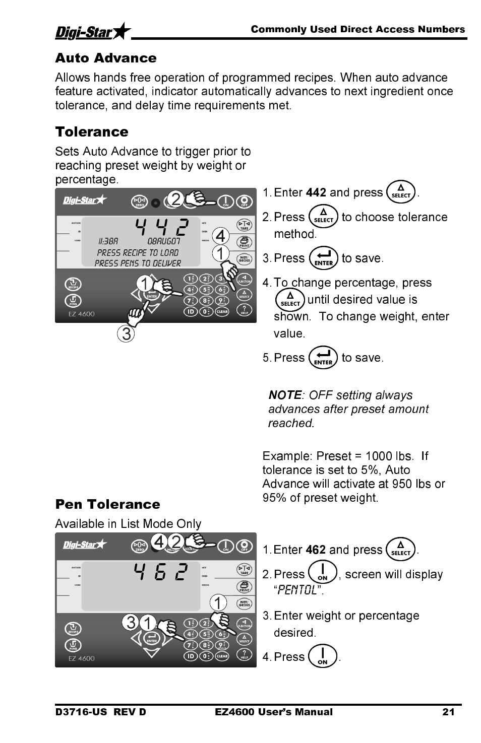 Auto advance, Tolerance, Pen tolerance | Digi-Star EZ 4600 Manual DataKey User Manual | Page 25 / 51
