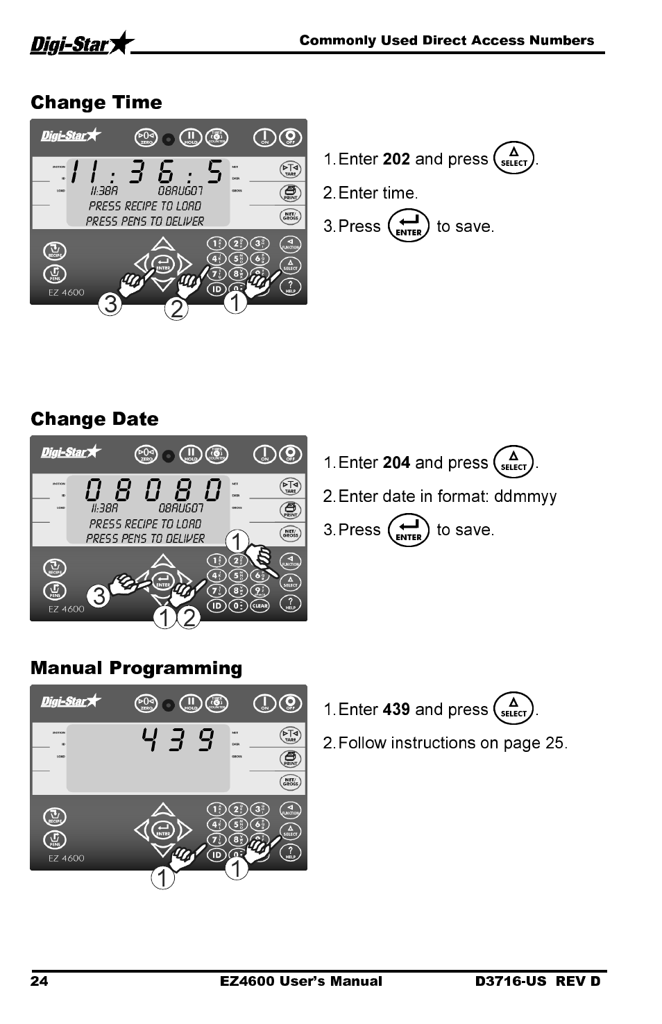 Change time, Change date, Manual programming | Digi-Star EZ 4600 Manual DataKey User Manual | Page 28 / 51
