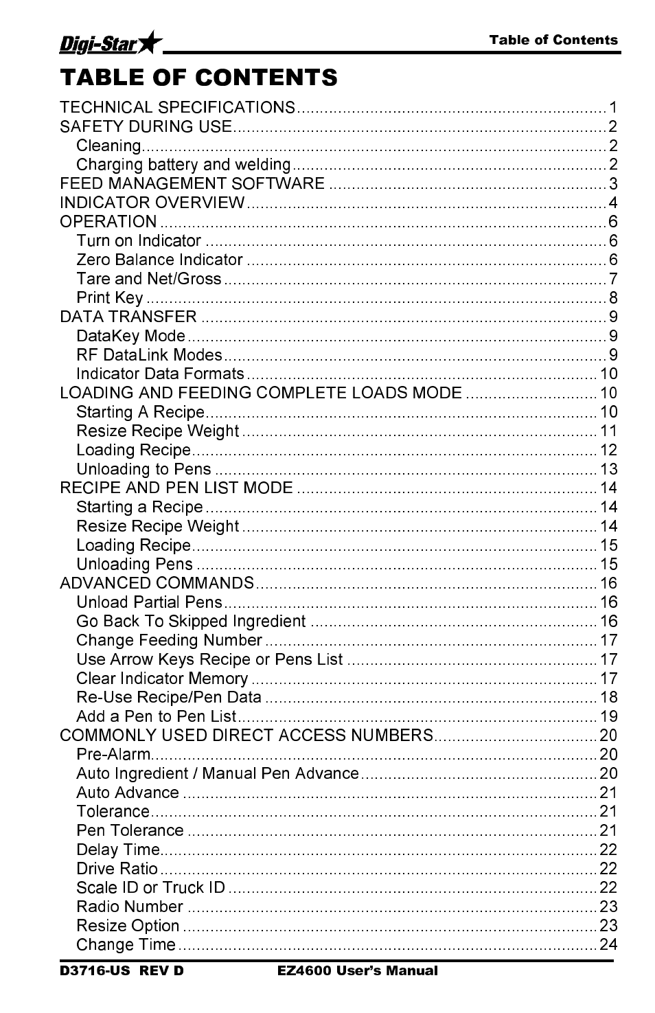 Technical specifications, Safety during use, Cleaning | Charging battery and welding, Feed management software, Indicator overview, Operation, Turn on indicator, Zero balance indicator, Tare and net/gross | Digi-Star EZ 4600 Manual DataKey User Manual | Page 3 / 51