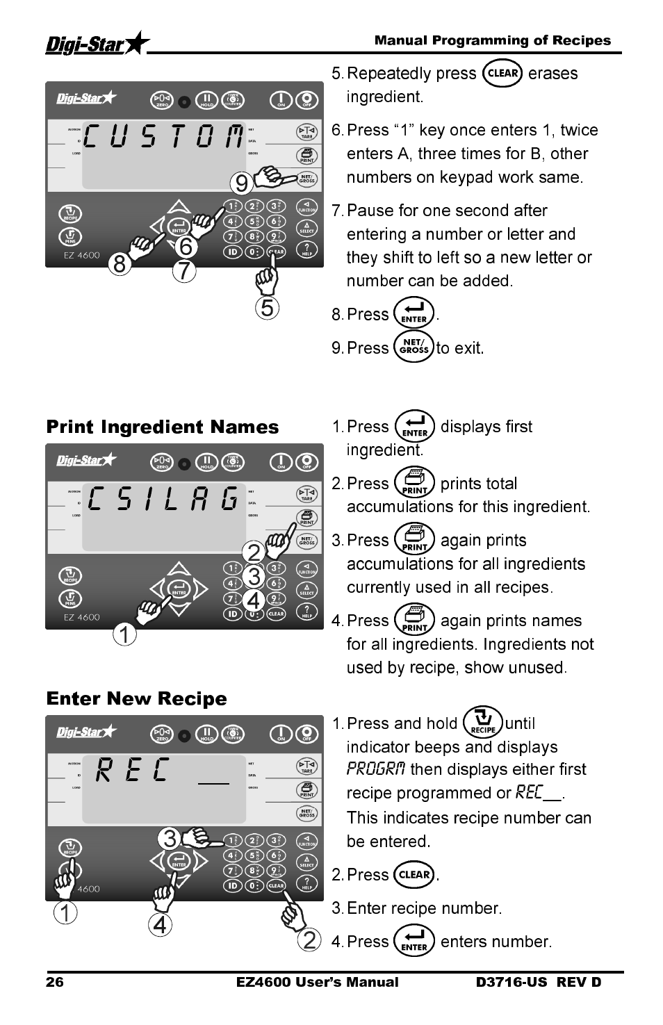 R e c, Print ingredient names, Enter new recipe | Digi-Star EZ 4600 Manual DataKey User Manual | Page 30 / 51