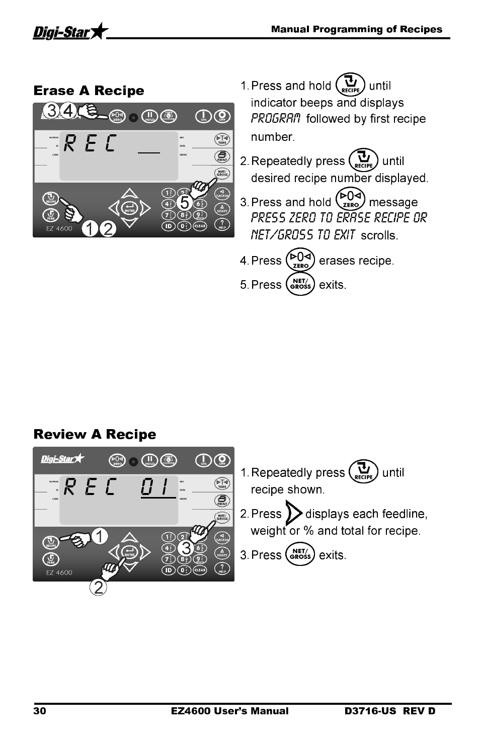 R e c, R e c 0 i, Erase a recipe | Review a recipe | Digi-Star EZ 4600 Manual DataKey User Manual | Page 34 / 51