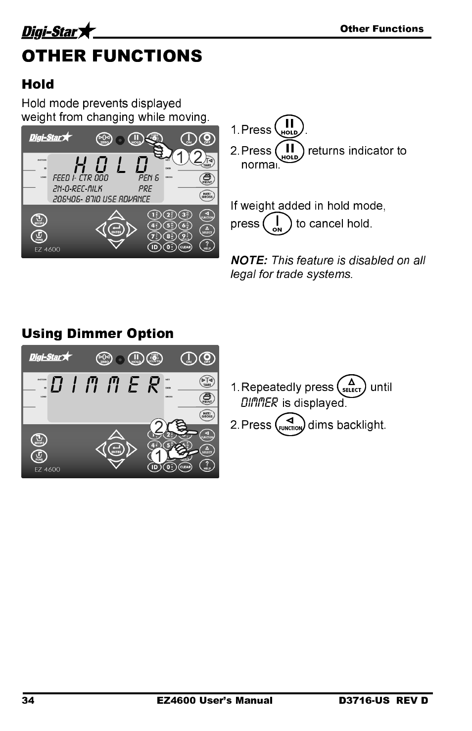 H o l d, Hold, Using dimmer option | Digi-Star EZ 4600 Manual DataKey User Manual | Page 38 / 51