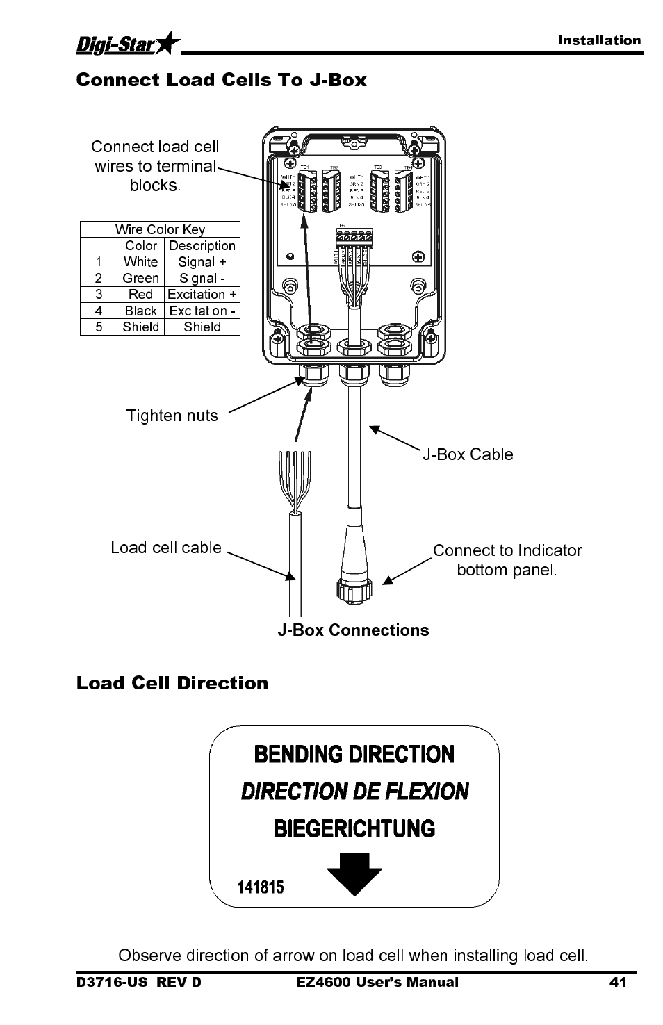 Connect load cells to j-box, Load cell direction | Digi-Star EZ 4600 Manual DataKey User Manual | Page 45 / 51