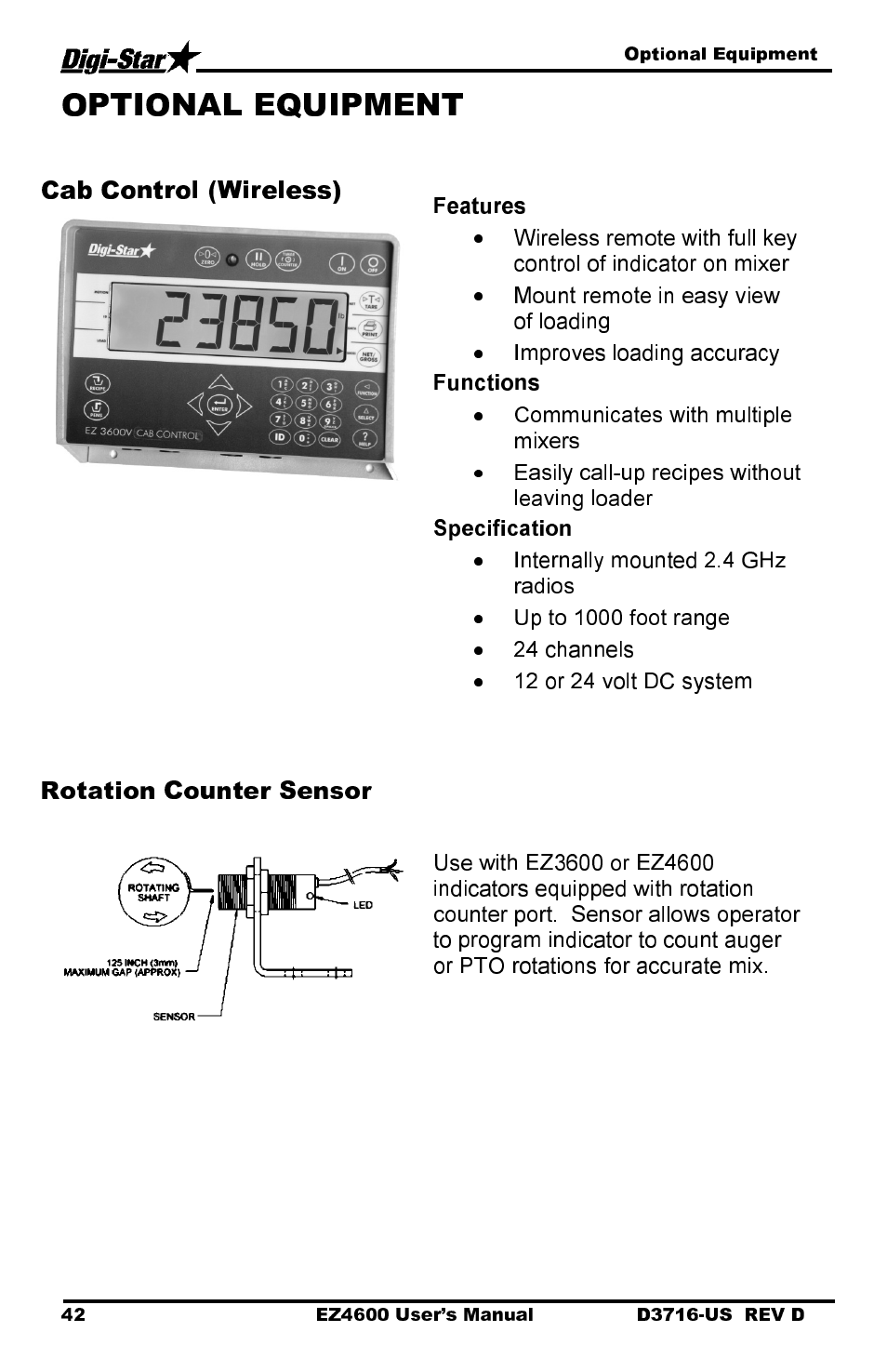 Cab control (wireless), Rotation counter sensor | Digi-Star EZ 4600 Manual DataKey User Manual | Page 46 / 51