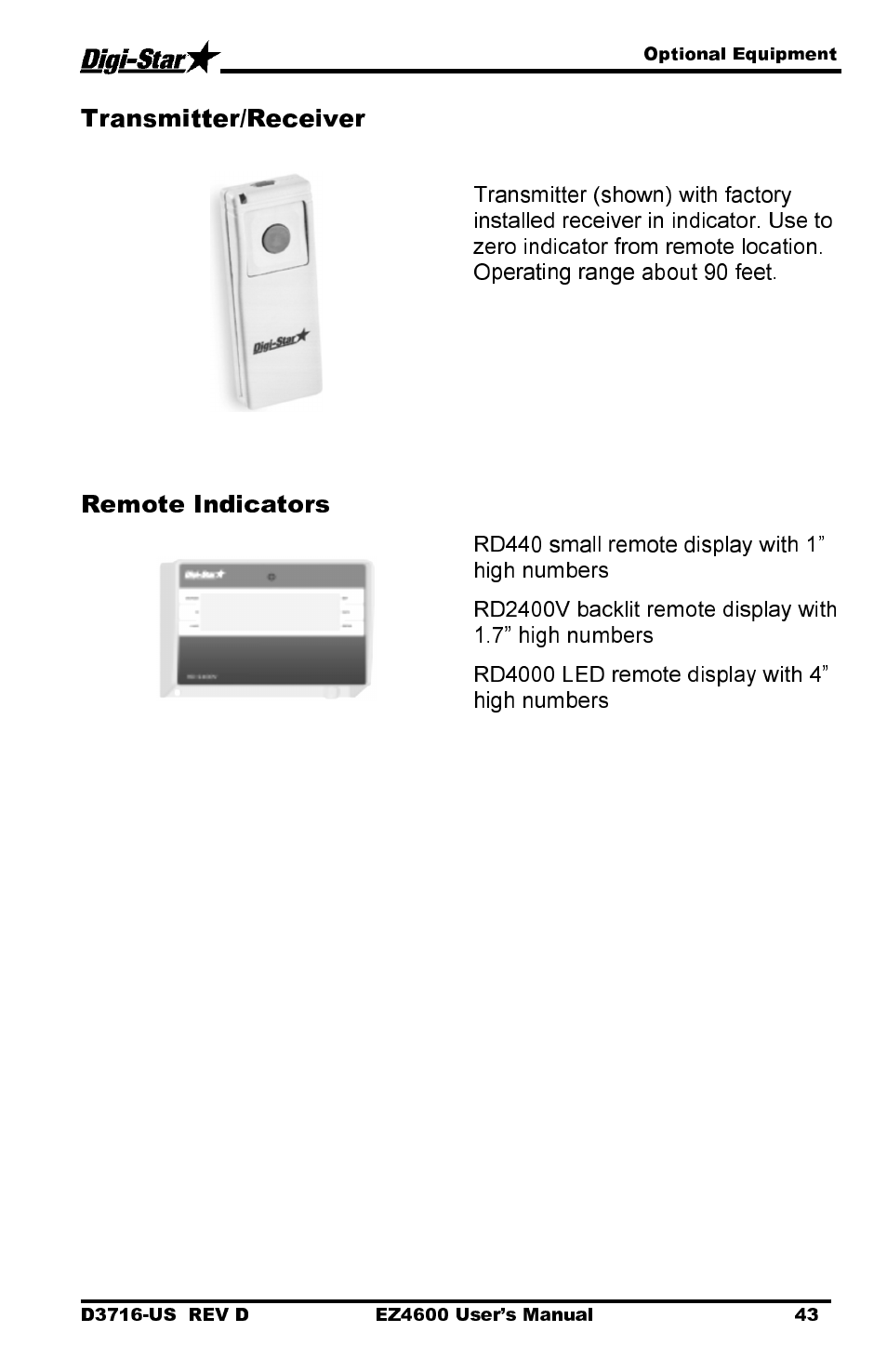 Transmitter/receiver, Remote indicators | Digi-Star EZ 4600 Manual DataKey User Manual | Page 47 / 51