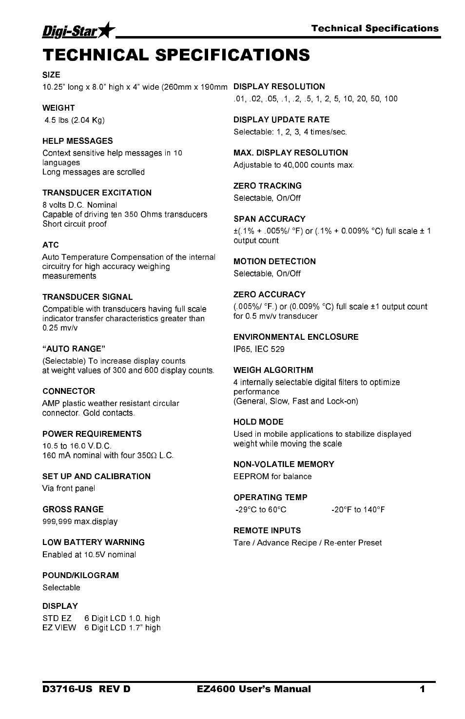 Technical specifications | Digi-Star EZ 4600 Manual DataKey User Manual | Page 5 / 51