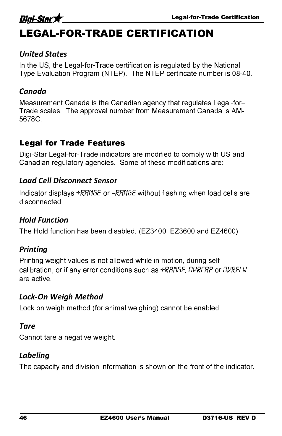 Legal for trade features | Digi-Star EZ 4600 Manual DataKey User Manual | Page 50 / 51