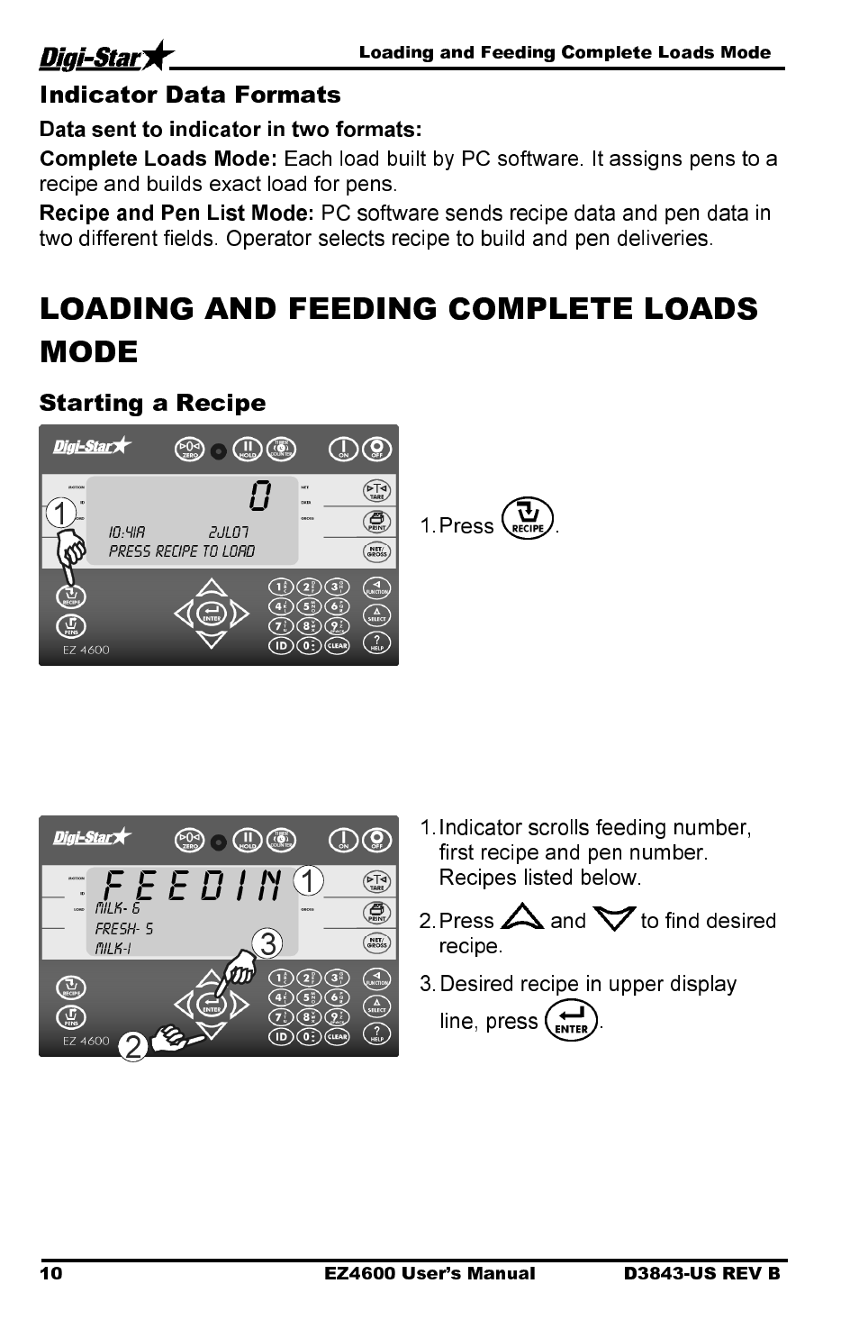 Indicator data formats, Starting a recipe | Digi-Star EZ 4600 Manual USB User Manual | Page 14 / 53
