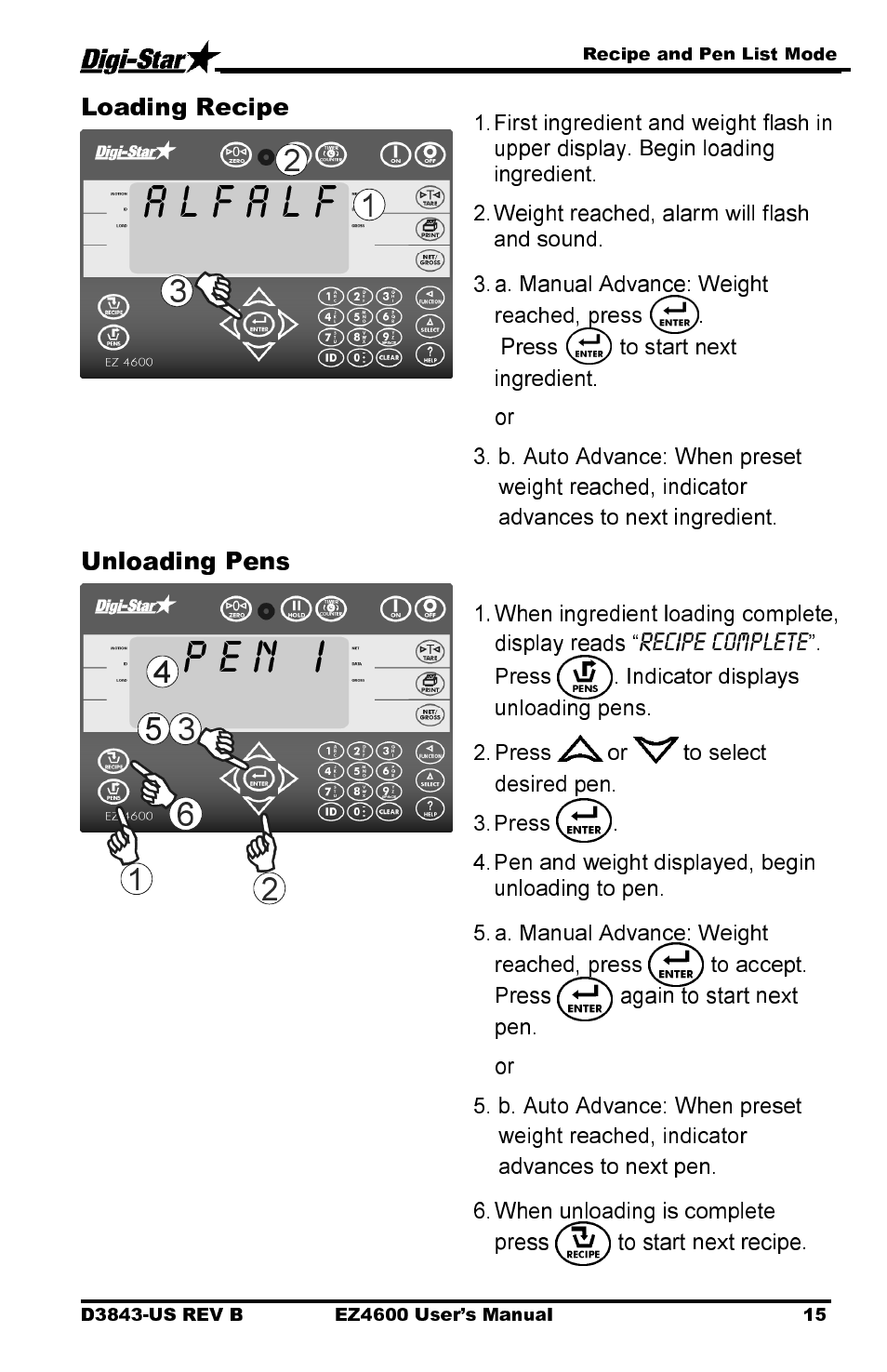 P e n i, Loading recipe, Unloading pens | Digi-Star EZ 4600 Manual USB User Manual | Page 19 / 53