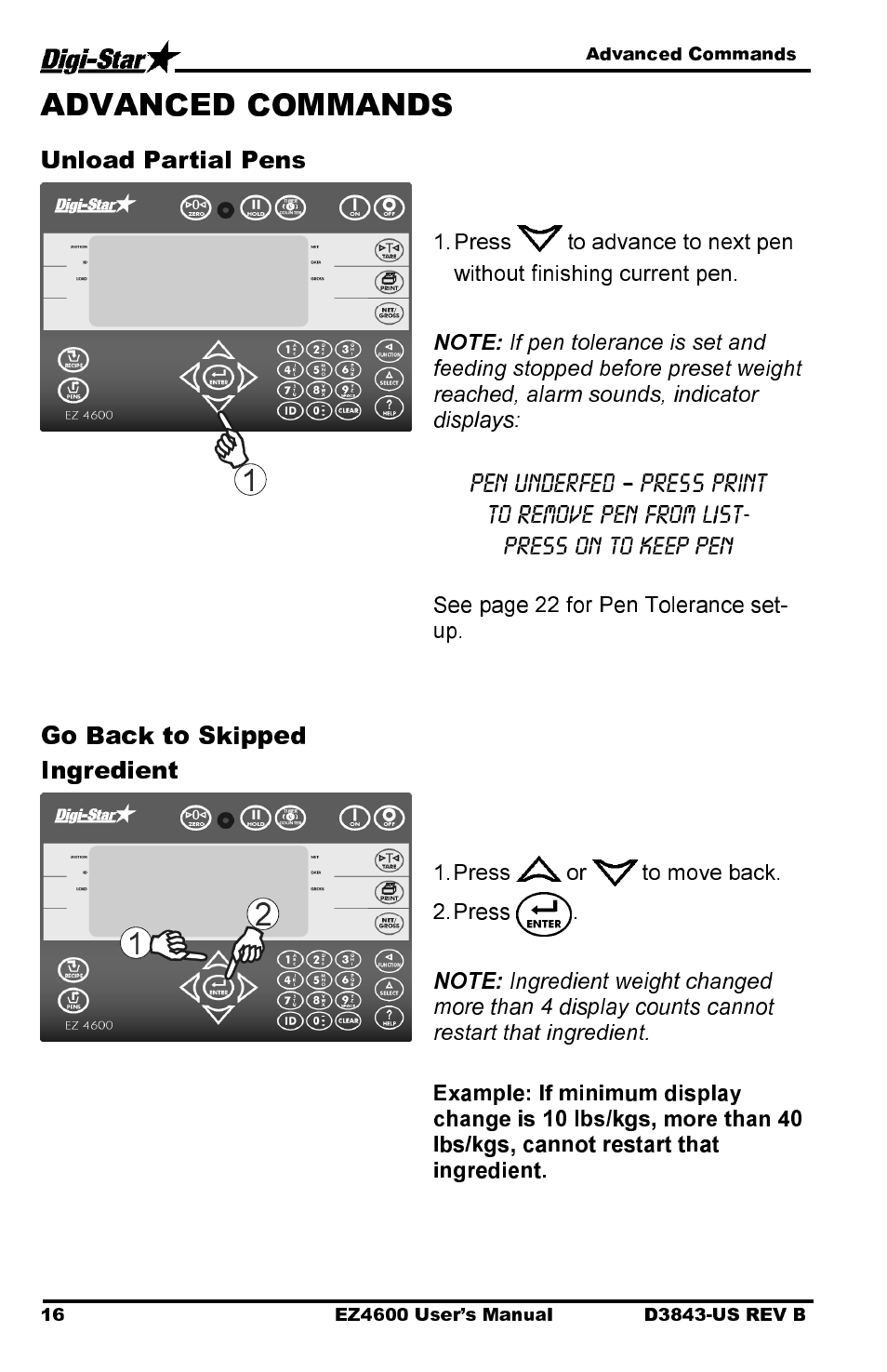Unload partial pens, Go back to skipped ingredient | Digi-Star EZ 4600 Manual USB User Manual | Page 20 / 53