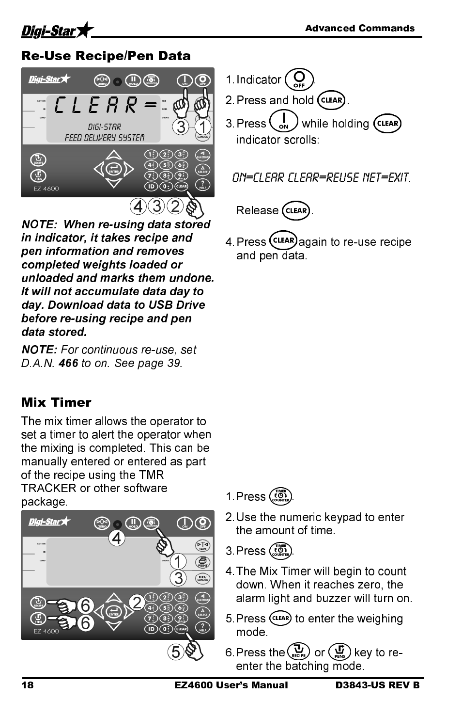 Re-use recipe/pen data, Mix timer | Digi-Star EZ 4600 Manual USB User Manual | Page 22 / 53