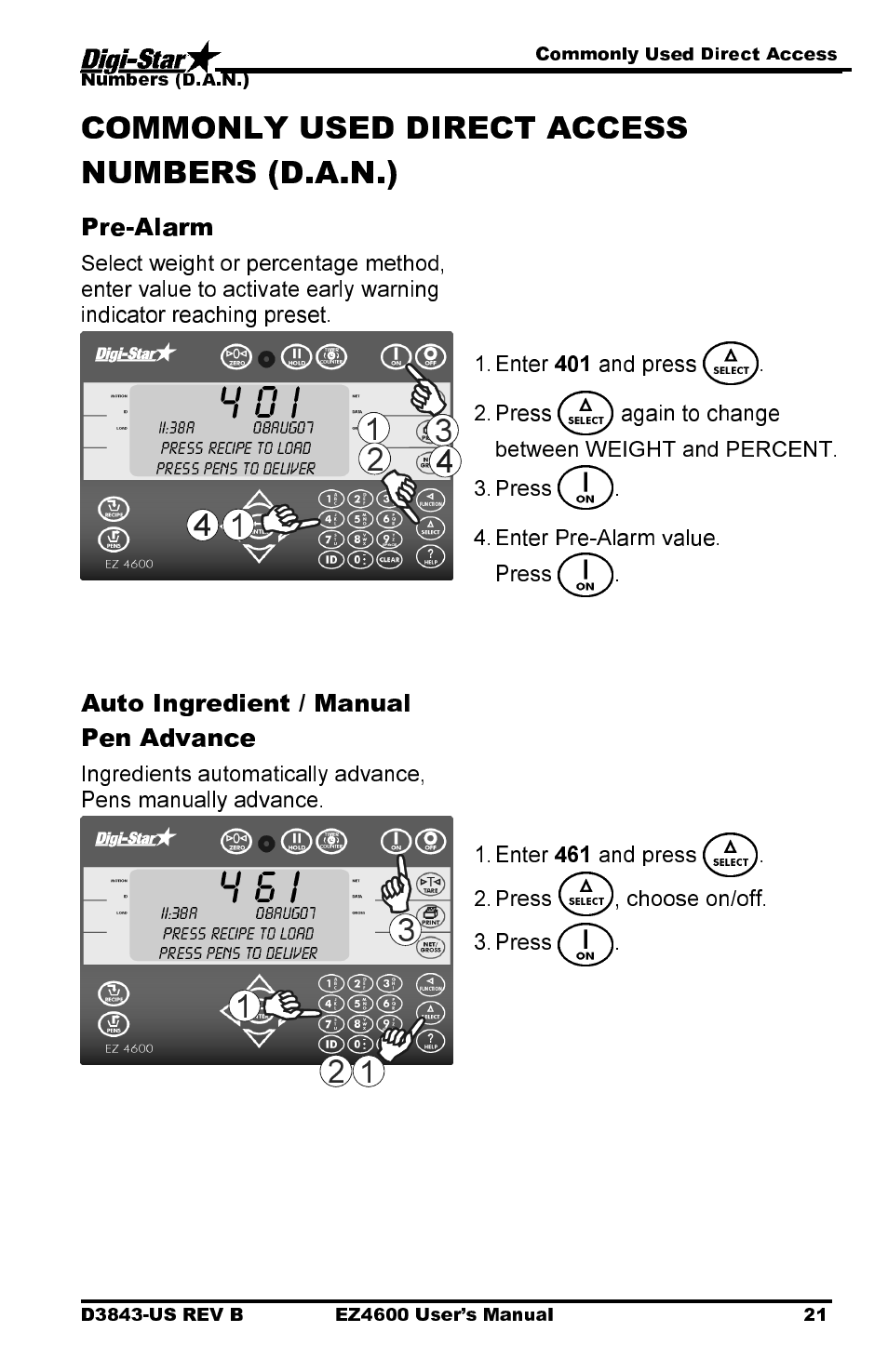 4 0 i, 4 6 i, Pre-alarm | Auto ingredient / manual pen advance | Digi-Star EZ 4600 Manual USB User Manual | Page 25 / 53