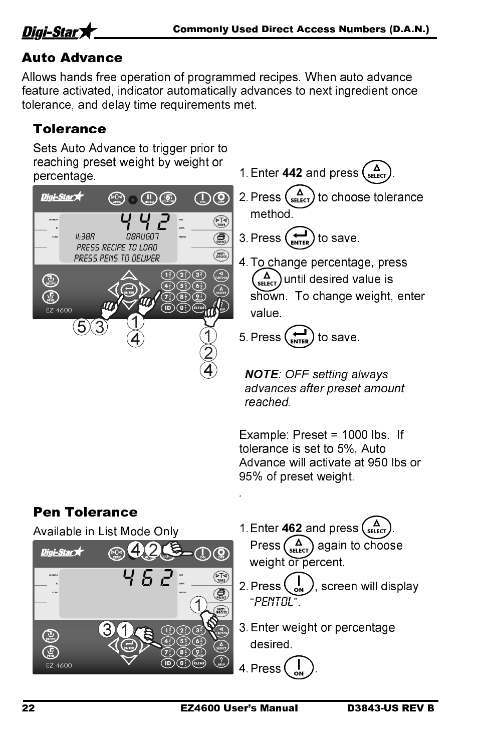 Auto advance, Tolerance, Pen tolerance | Digi-Star EZ 4600 Manual USB User Manual | Page 26 / 53