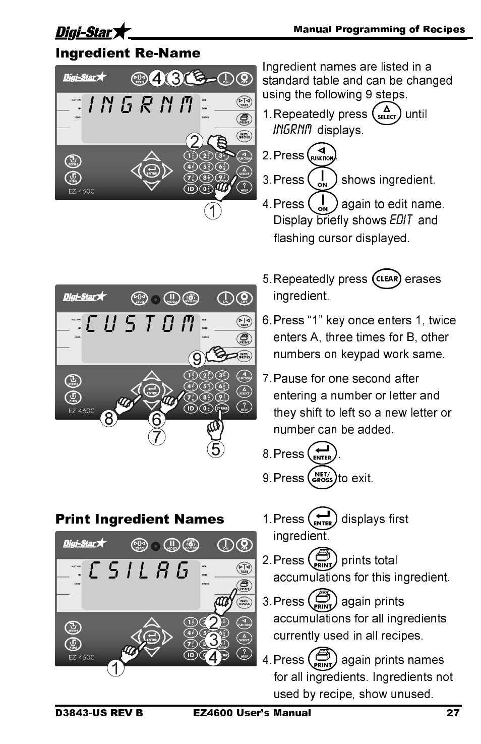 Ingredient re-name, Print ingredient names | Digi-Star EZ 4600 Manual USB User Manual | Page 31 / 53
