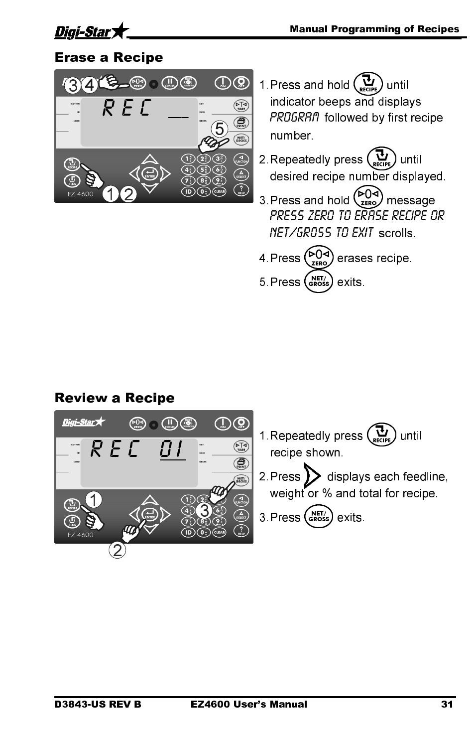 R e c, R e c 0 i, Erase a recipe | Review a recipe | Digi-Star EZ 4600 Manual USB User Manual | Page 35 / 53