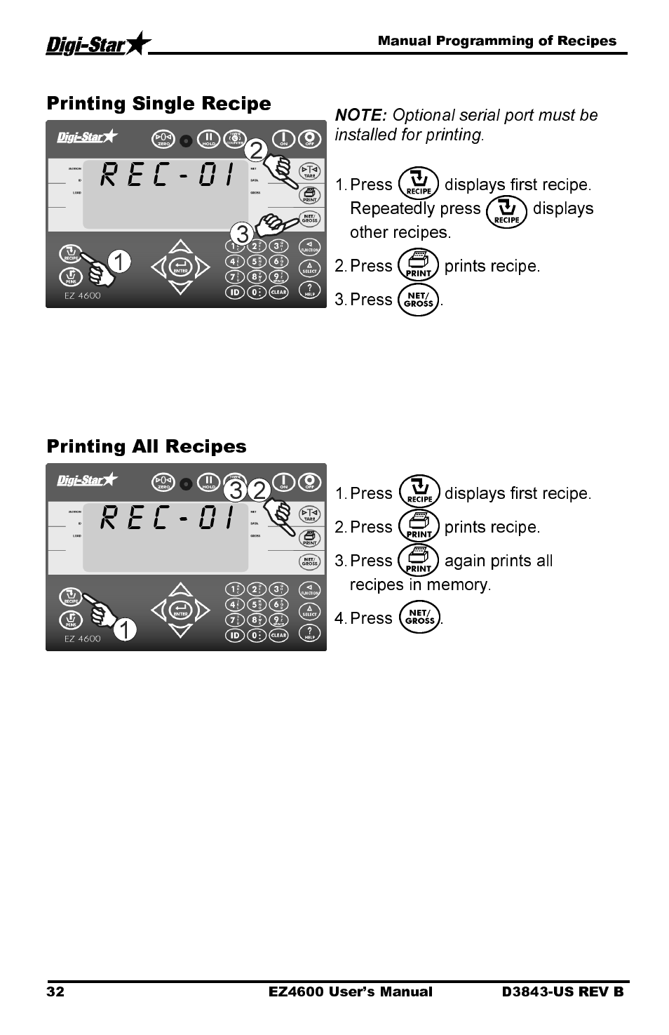 R e c - 0 i, Printing single recipe, Printing all recipes | Digi-Star EZ 4600 Manual USB User Manual | Page 36 / 53