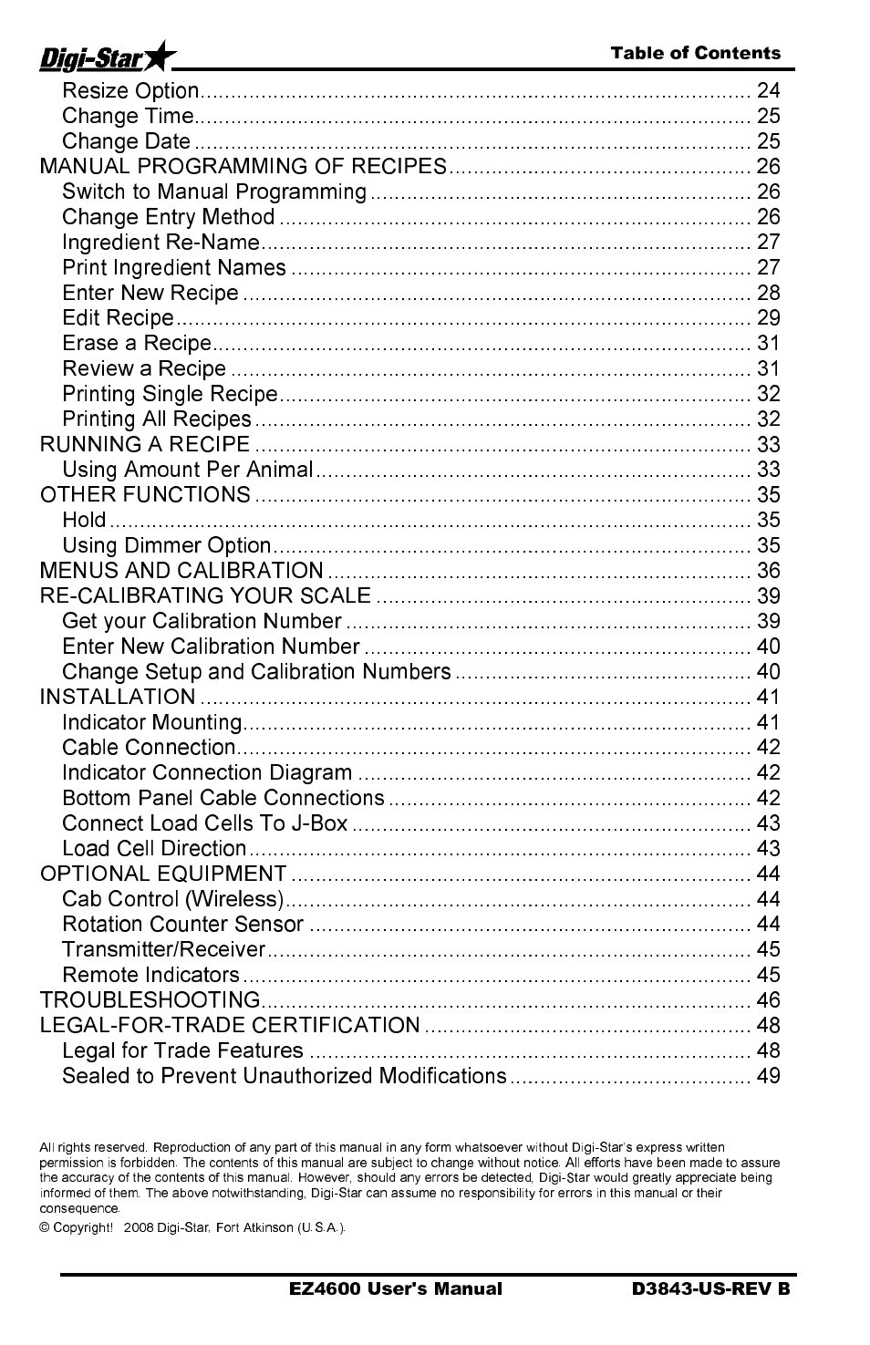 Resize option, Change time, Change date | Manual programming of recipes, Switch to manual programming, Change entry method, Ingredient re-name, Print ingredient names, Enter new recipe, Edit recipe | Digi-Star EZ 4600 Manual USB User Manual | Page 4 / 53