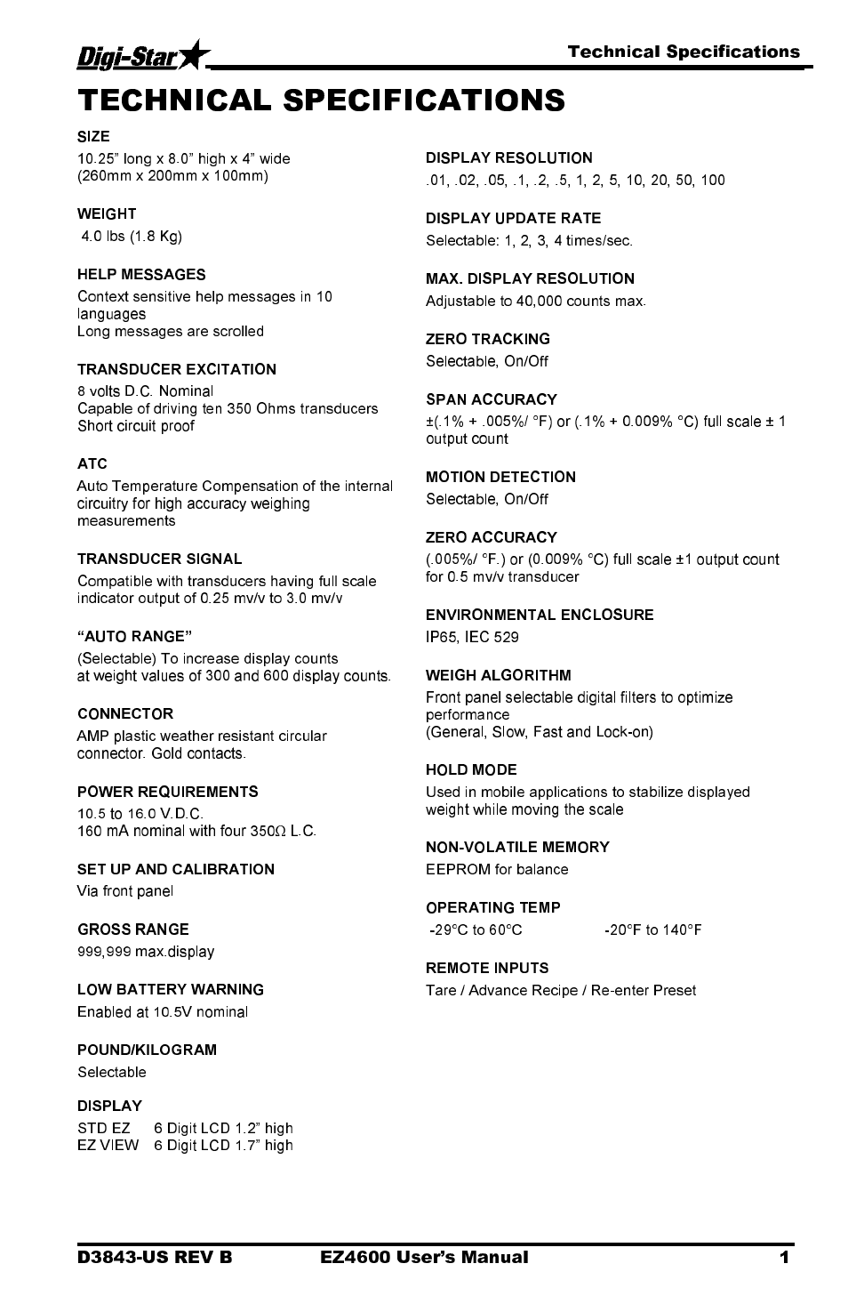 Technical specifications | Digi-Star EZ 4600 Manual USB User Manual | Page 5 / 53