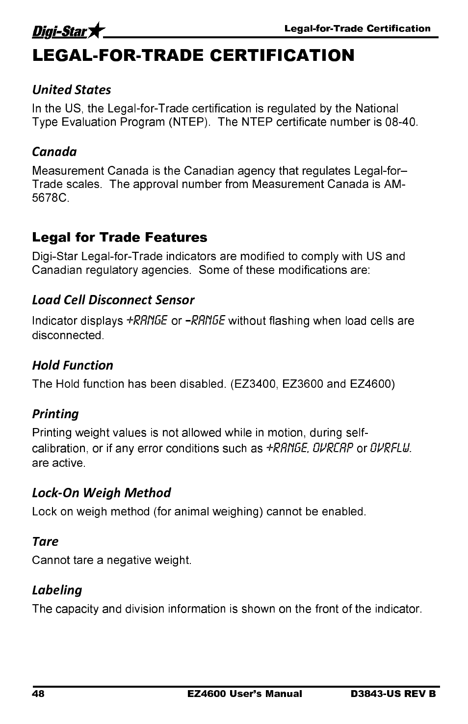 Legal for trade features | Digi-Star EZ 4600 Manual USB User Manual | Page 52 / 53