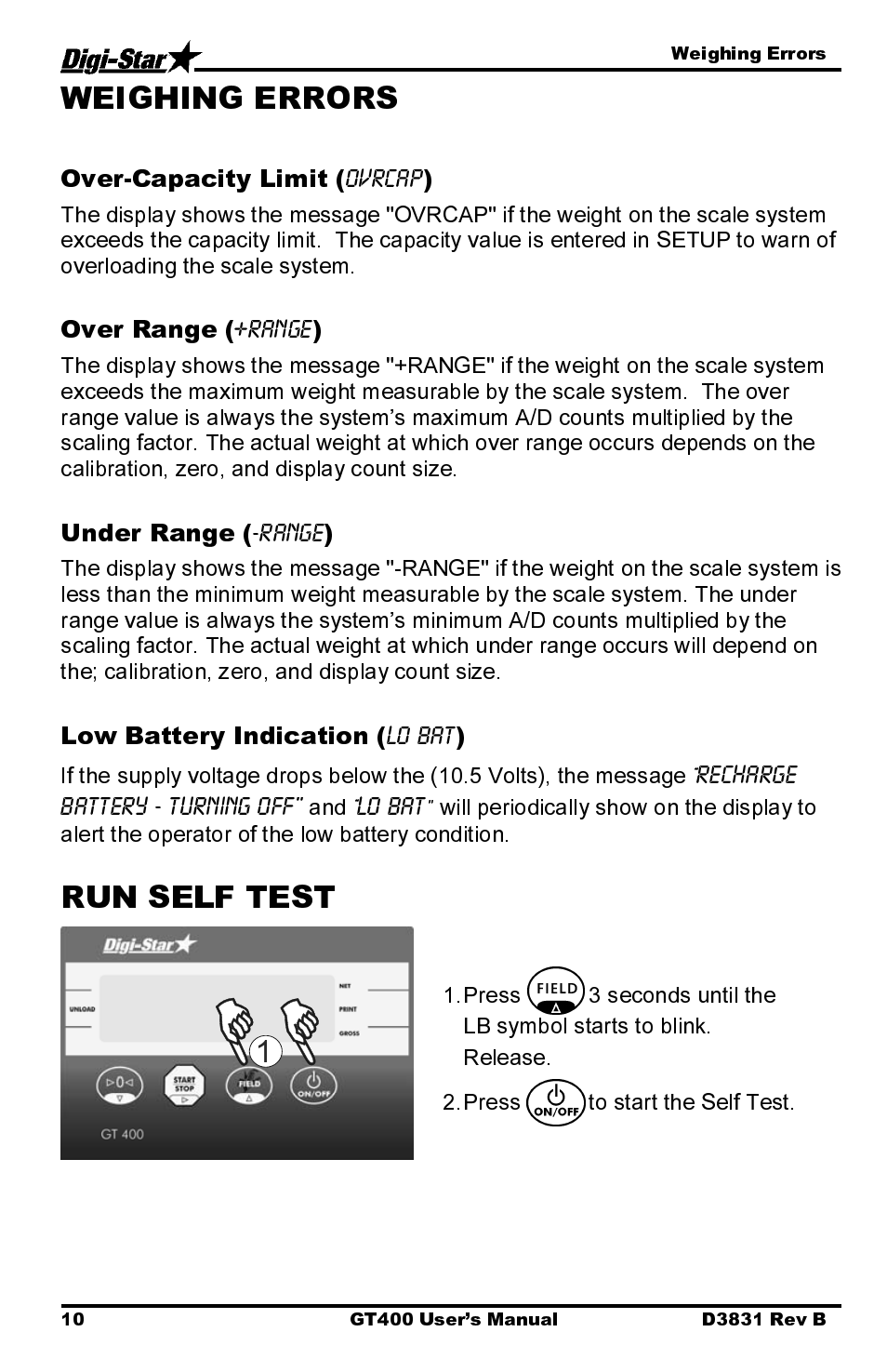 Over-capacity limit, Over range, Under range | Low battery indication | Digi-Star GT400 User Manual | Page 14 / 26