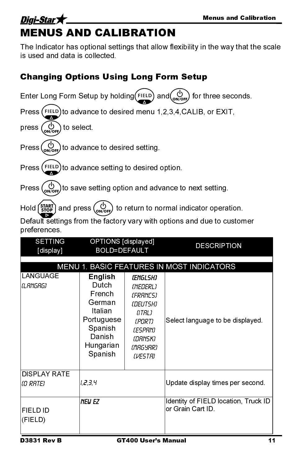 Changing options using long form setup, Menu 1. basic features in most indicators | Digi-Star GT400 User Manual | Page 15 / 26