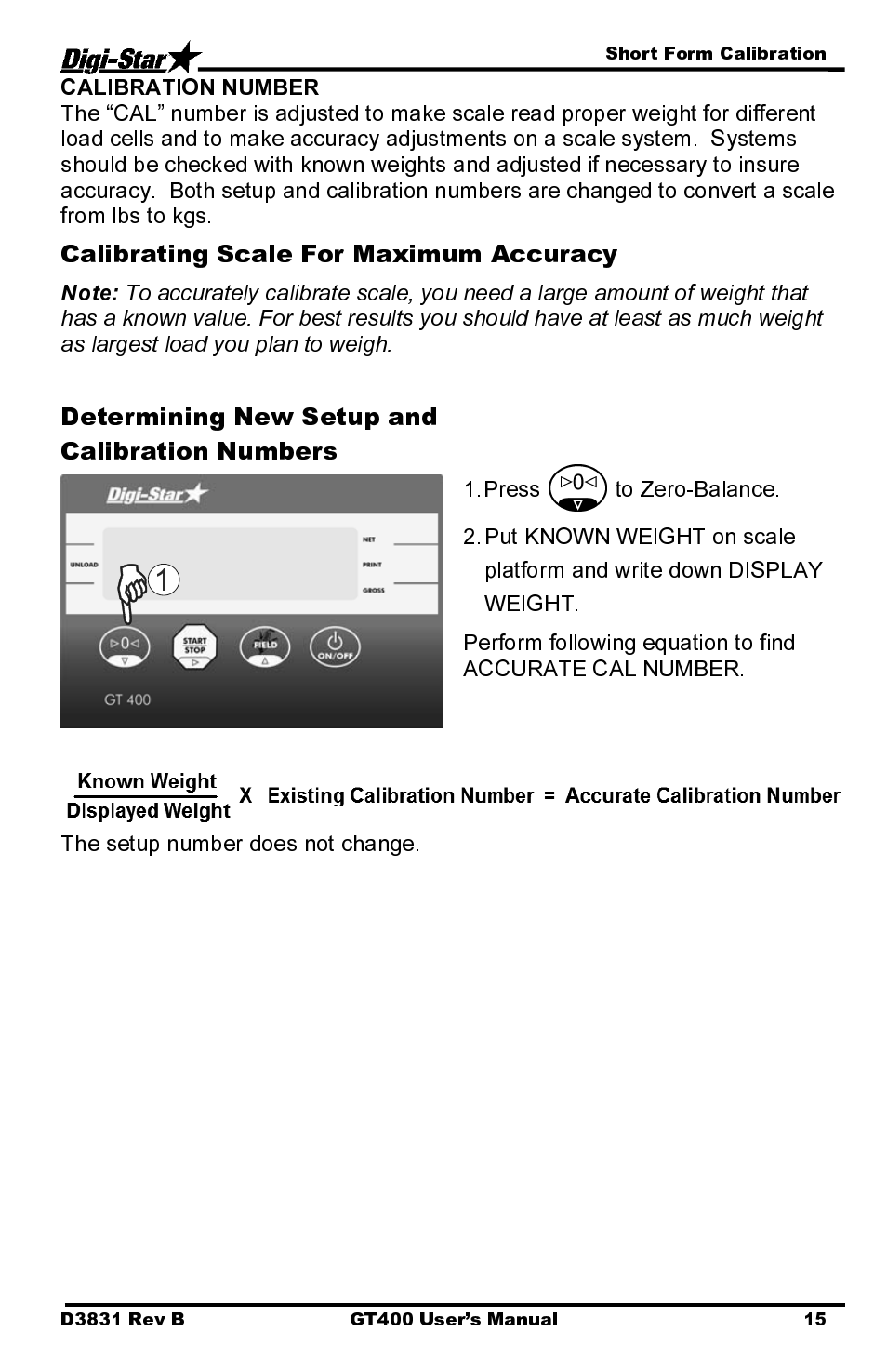 Calibrating scale for maximum accuracy, Determining new setup and calibration numbers | Digi-Star GT400 User Manual | Page 19 / 26