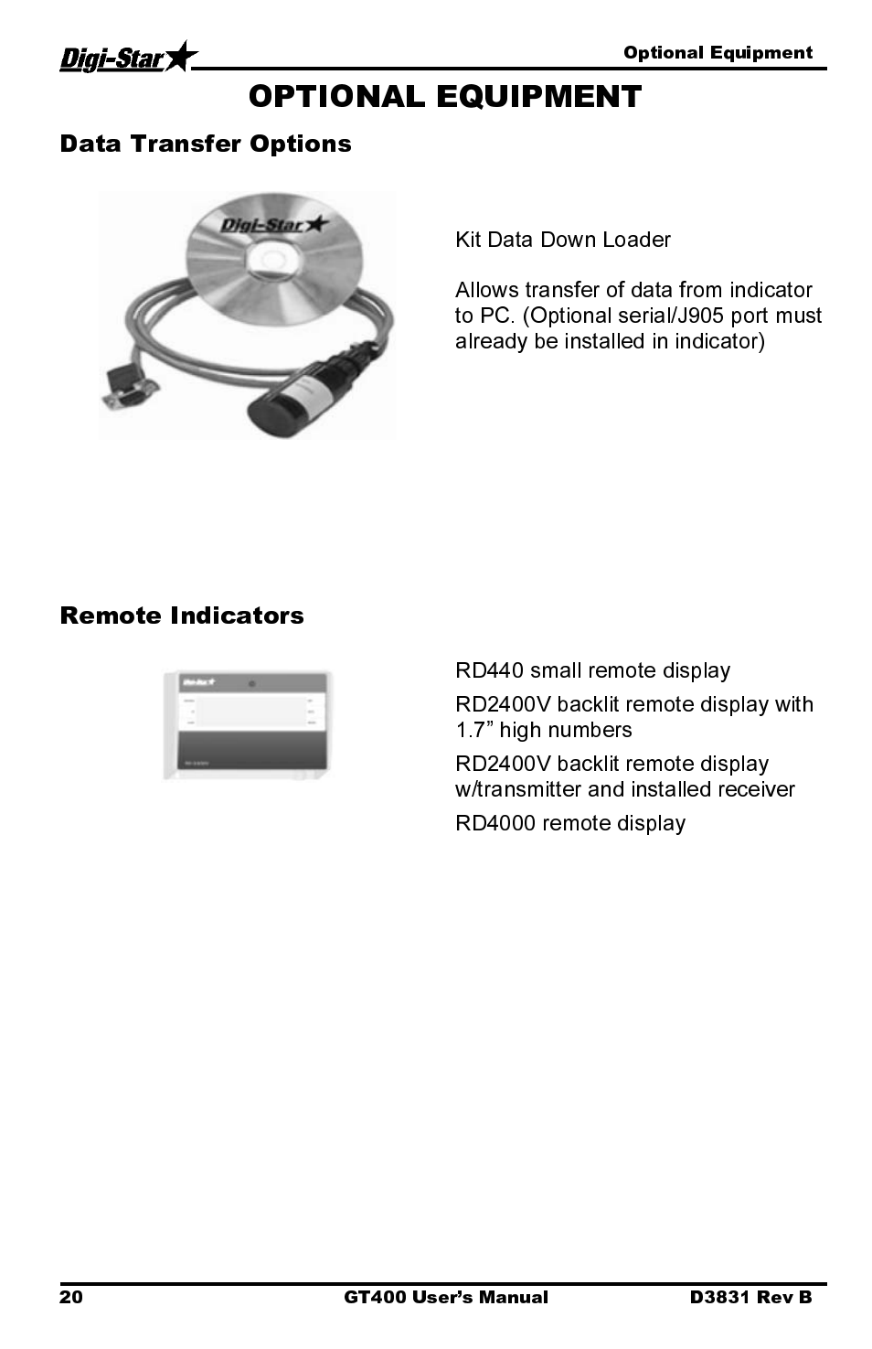 Data transfer options, Remote indicators | Digi-Star GT400 User Manual | Page 24 / 26