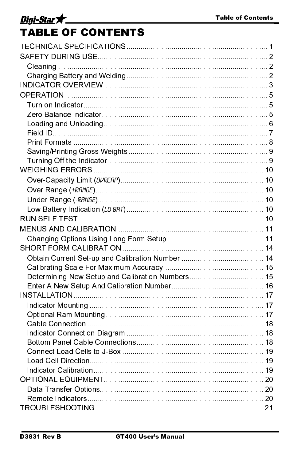 Table of contents technical specifications, Safety during use, Cleaning | Charging battery and welding, Indicator overview, Operation, Turn on indicator, Zero balance indicator, Loading and unloading, Field id | Digi-Star GT400 User Manual | Page 3 / 26