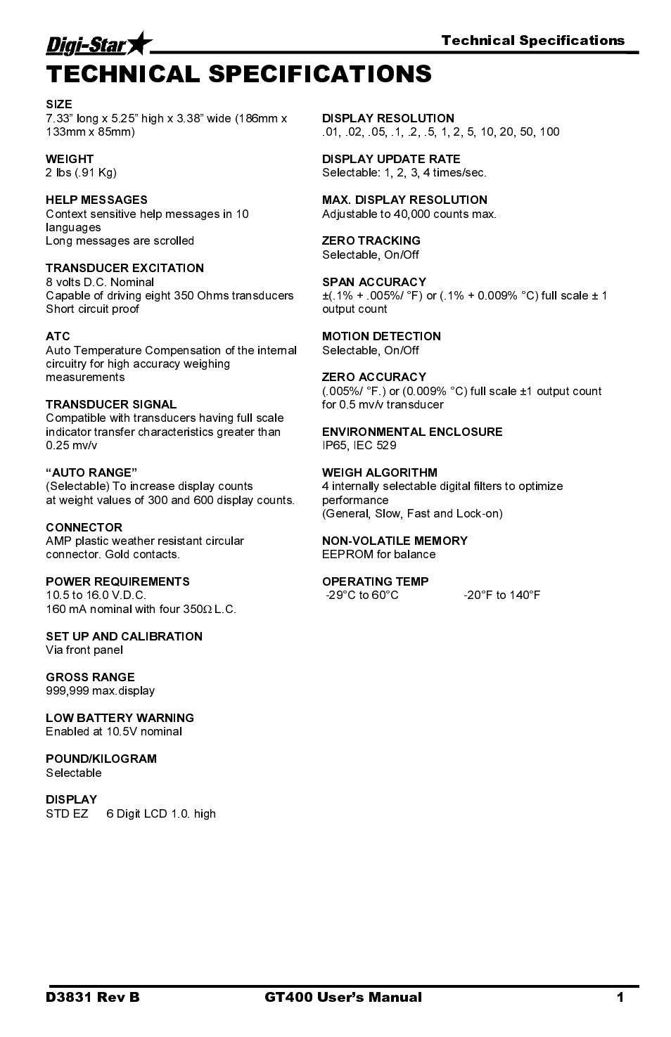Technical specifications | Digi-Star GT400 User Manual | Page 5 / 26