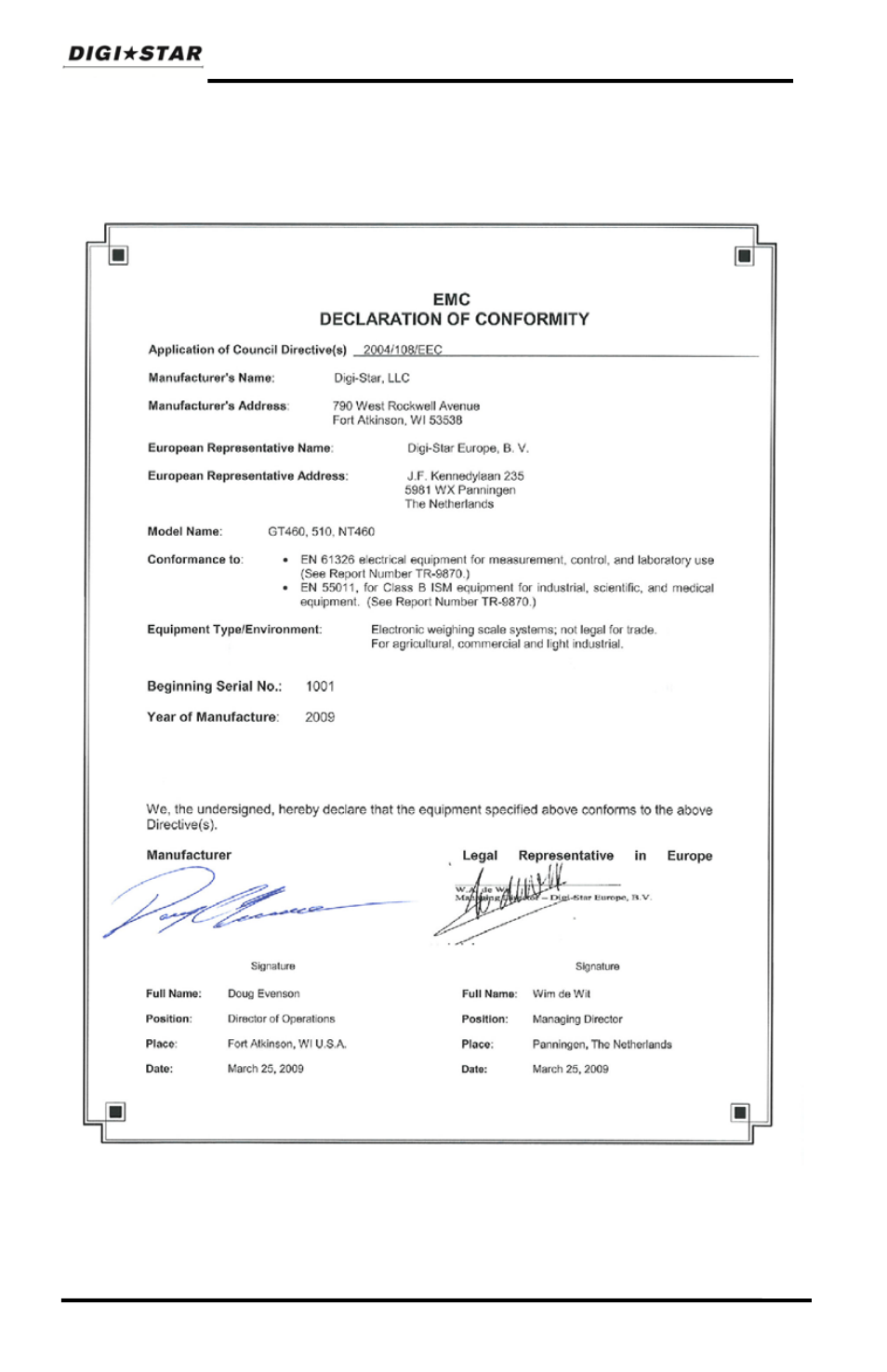 Declaration of conformity | Digi-Star GT460 User Manual | Page 6 / 48