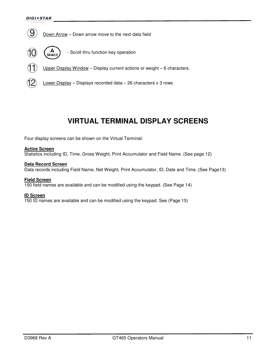 Virtual terminal display screens | Digi-Star GT465 User Manual | Page 11 / 39