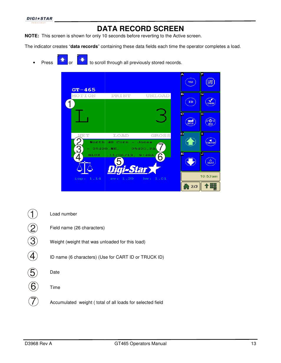 Data record screen | Digi-Star GT465 User Manual | Page 13 / 39