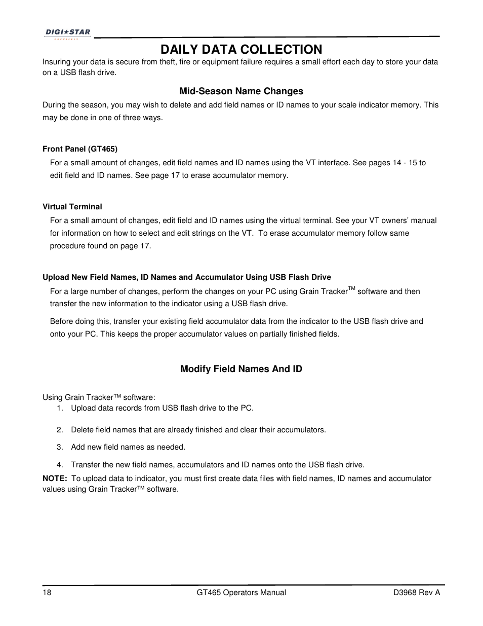 Daily data collection | Digi-Star GT465 User Manual | Page 18 / 39