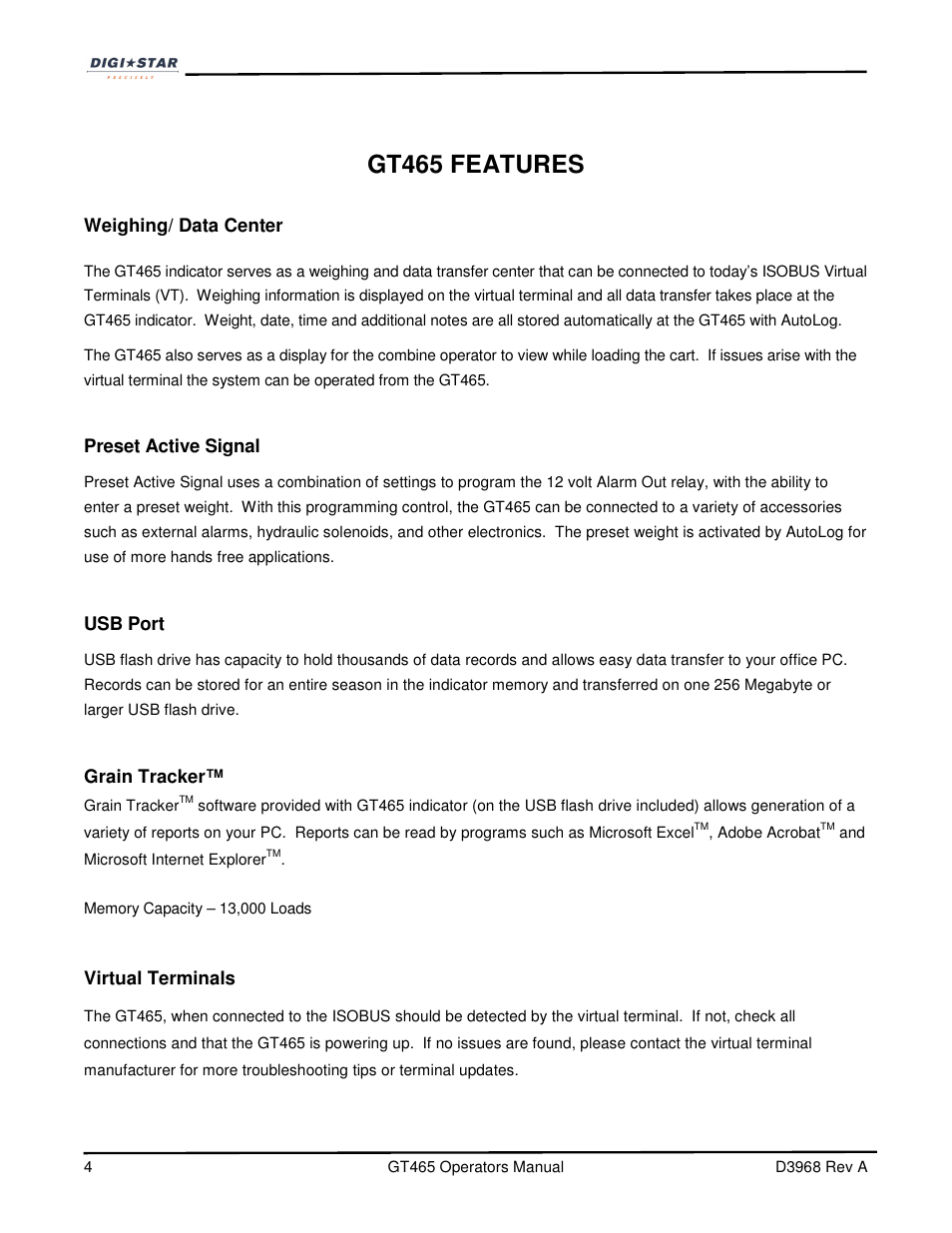 Gt465 features | Digi-Star GT465 User Manual | Page 4 / 39