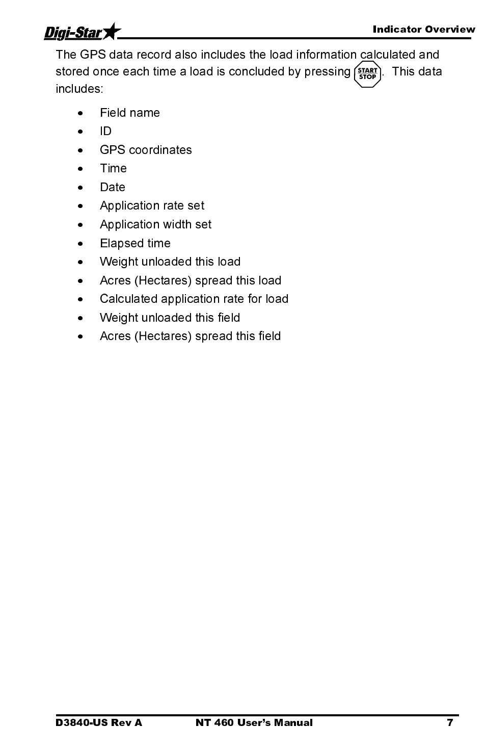 Field name, Gps coordinates, Time | Date, Application rate set, Application width set, Elapsed time, Weight unloaded this load, Acres (hectares) spread this load, Calculated application rate for load | Digi-Star NT 460 User Manual | Page 11 / 45